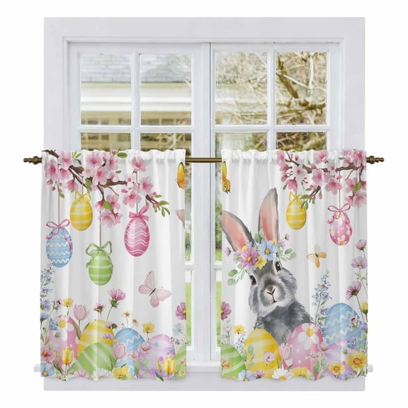 Easter Bunny Kitchen Curtain for Berdoom Living Room Cafe 45 Inch Length, Colorful Easter Eggs Spring Pink Peach Flowers Tiers Curtains Light Filtering Drapes Window Treatment 2 Panels 52"Wx45"L