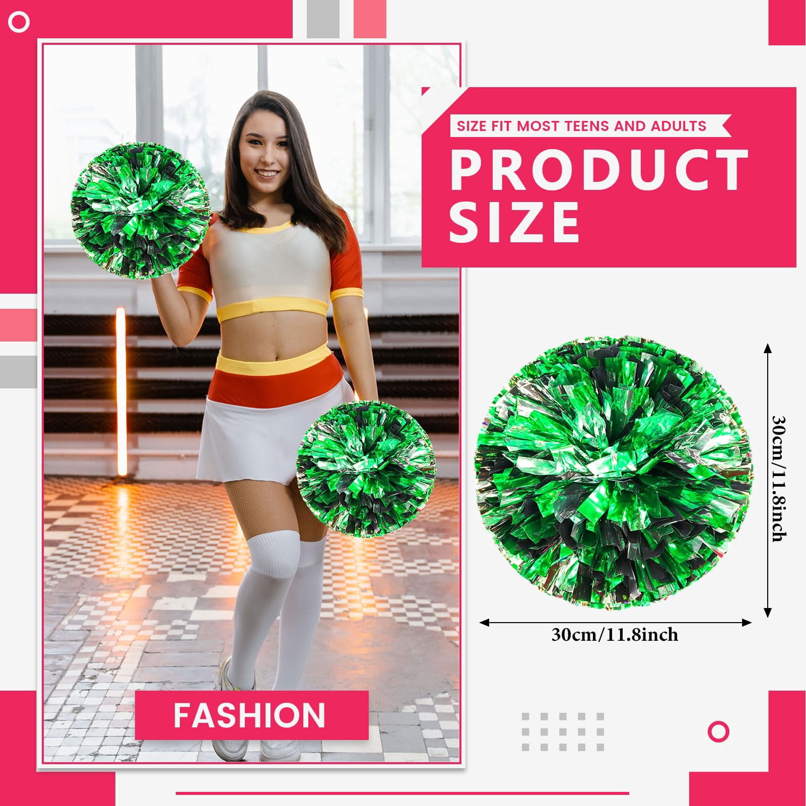 Cheerleading Poms 14 Pack, Handheld Cheerleading Pompoms for Basketball Football Volleyball, Cheer Spirit Supplies, Metallic Streamers for Dance and Games
