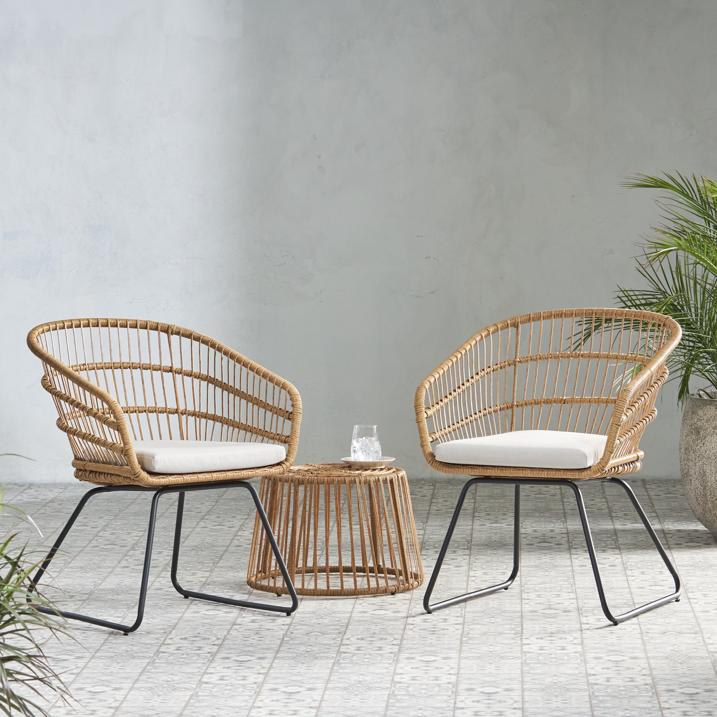 Boniare Wicker Outdoor 2 Seater Chat Set, Light Brown, Beige, and Black