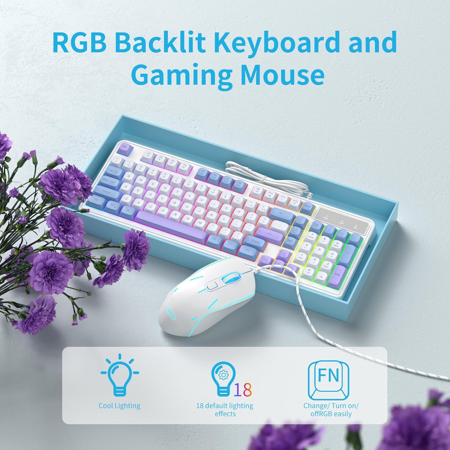 MageGee Gradient Purple Creamy Keyboard and Mouse Combo,MageGee GK980 Wired RGB Backlit Keyboard and Gradient Purple Gaming Mouse Combo,PC Keyboard and Adjustable Sensitivity Mouse for PC/loptop/MAC