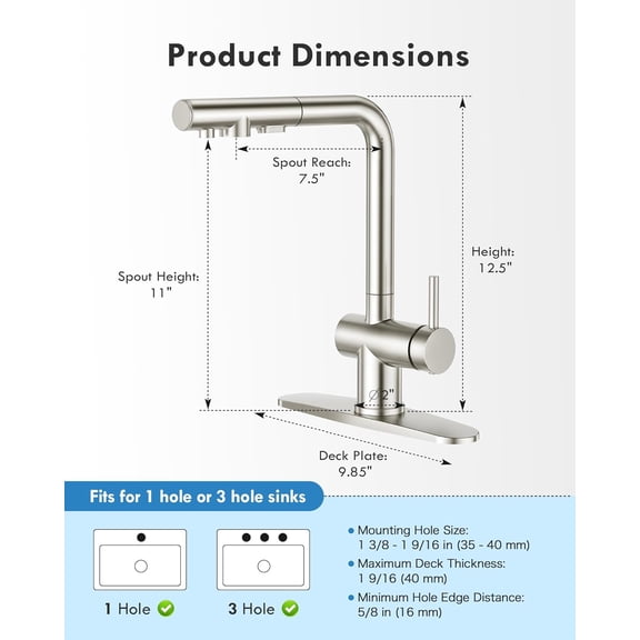 3-in-1 Kitchen Faucet with Pull Out Sprayer and RO Purifier Outlet, Stainless Steel Sink Faucet Compatible with Water Filter, Brushed Finish