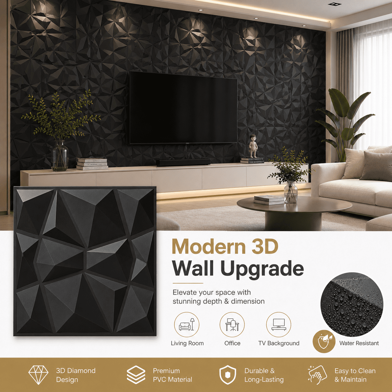 Yeslife 12-Pack 19.69"x19.69" Black PVC 3D Embossed Wall Panels, Geometric Accent Wall Covering for Living Room Office TV Wall, 32.2 Sq Ft