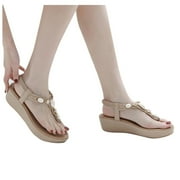 Anuirheih Ladies Sandals Rhinestone Buckle Style Wedge Heel Large Size Flip Flop Sandals Sandals Women (Beige)
