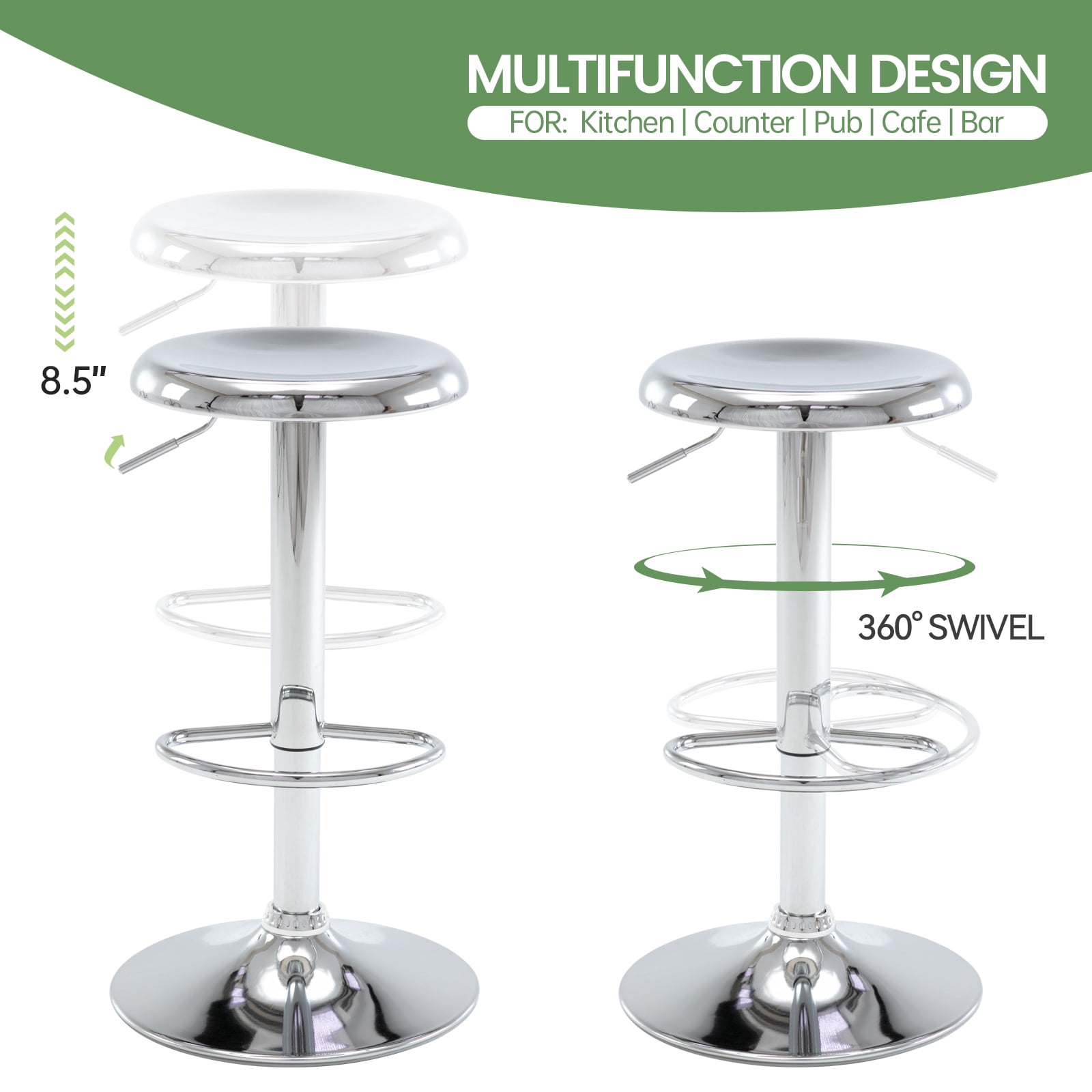Single Silver Bar Stool, Adjustable 360° Swivel Counter Height Bar Stool, Industrial Backless Metal Bar Chair for Kitchen Island with Footrest