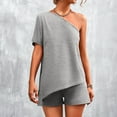 thumbnail image 2 of Womens Summer 2 Piece Outfits Solid Color One Shoulder Short Sleeve Tops with Shorts Sets Loungewear Homewear, 2 of 7
