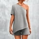 thumbnail image 2 of Moda para mujer Color sólido Verano 2 piezas Hombros inclinados irregulares Casual Sexy Tops Conjuntos de pantalones cortos Pompotops  ulkah937365, 2 of 7