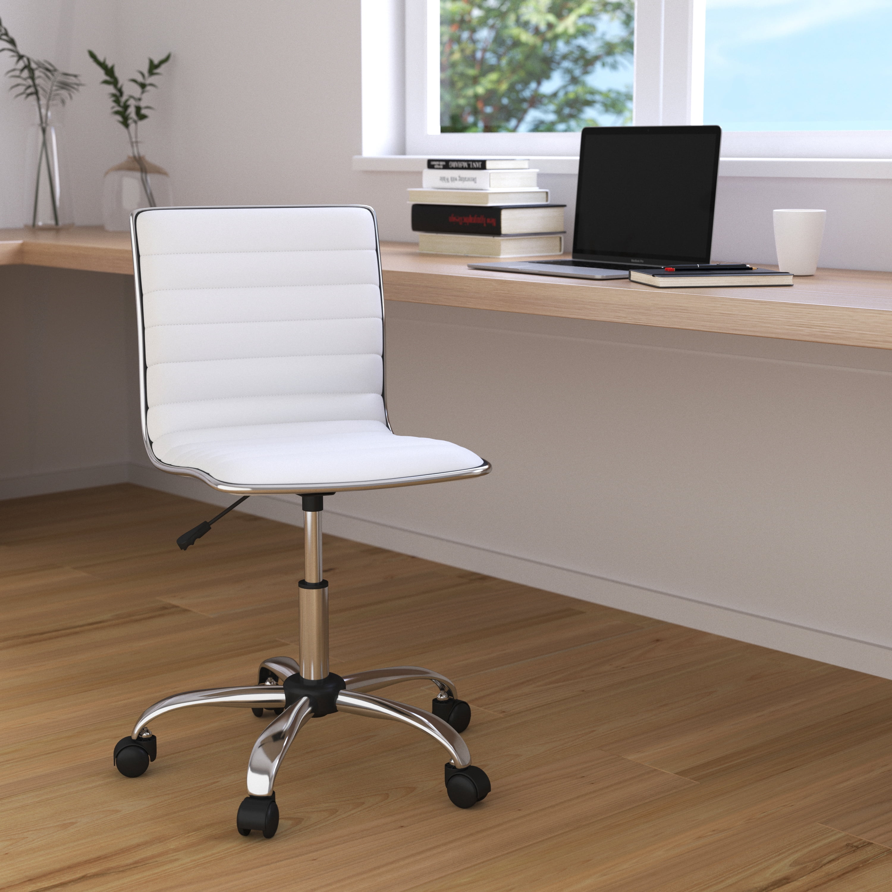 Merrick Lane Home Office Chair Ergonomic White Ribbed Low Back and Seat Armless Contemporary Computer Desk Chair with Chrome Border