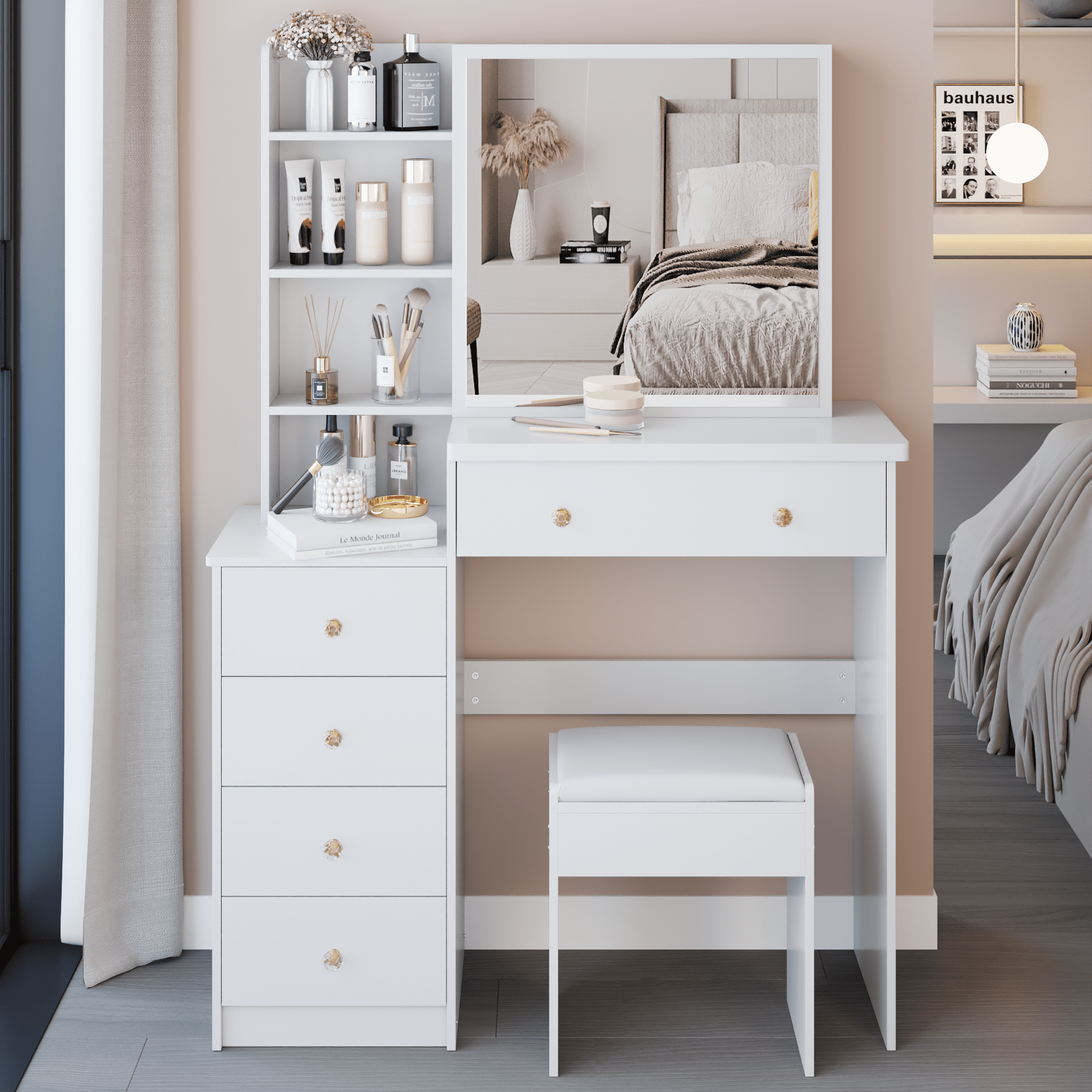 37" Large Space Dresser Set with Sliding Mirror & Stool, MDF Vanity Table with Multi-Layer Storage, American Design for Bedroom