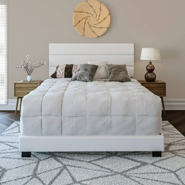 Tri Panel Platform Bed Queen White, White Leather Tufted Bed Headboard