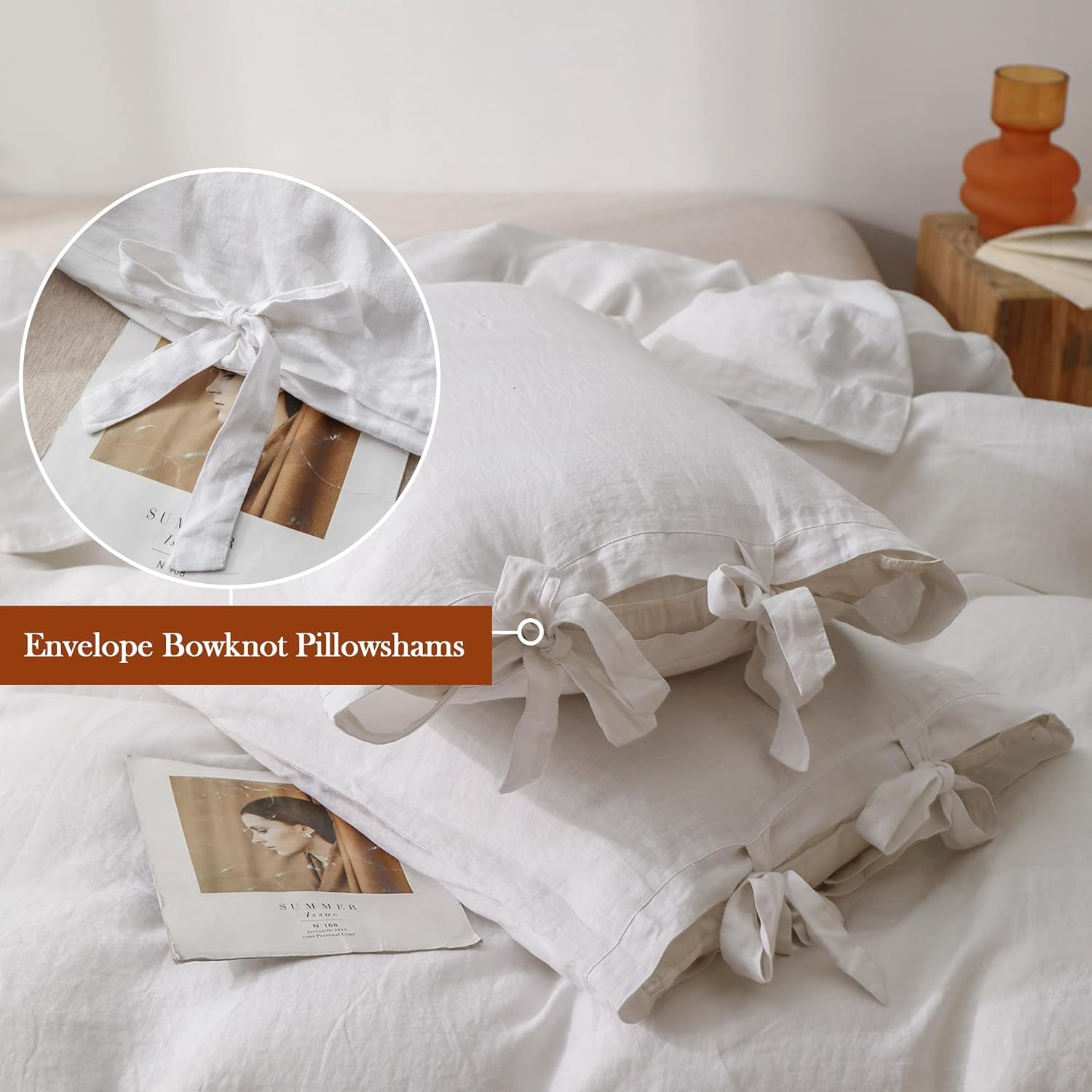 Simple&Opulence 100% Linen Duvet Cover Set, 3 Piece Belgian Flax Breathable Bedding, King Size 104''x92'' (1 Comforter Cover+2 Pillowshams) with Tie Closure Style,White
