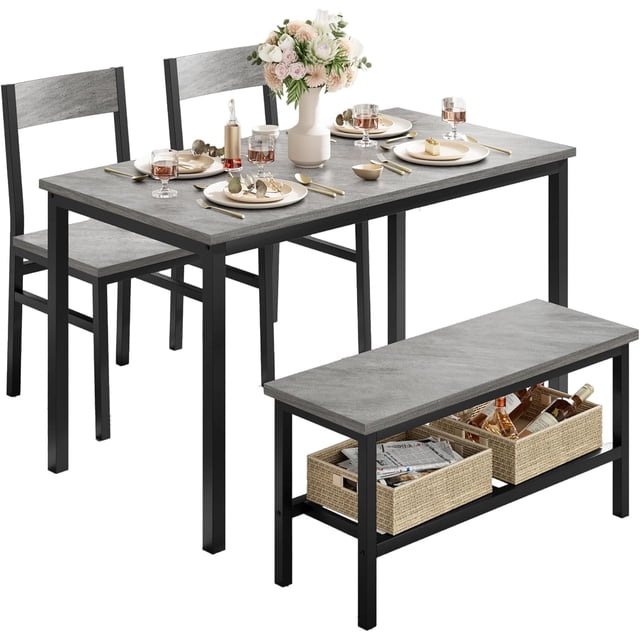 Kojooin Dining Table Set for 4 with Bench, Grey Kitchen Table and Chair Set with Storage Racks for Small Spaces