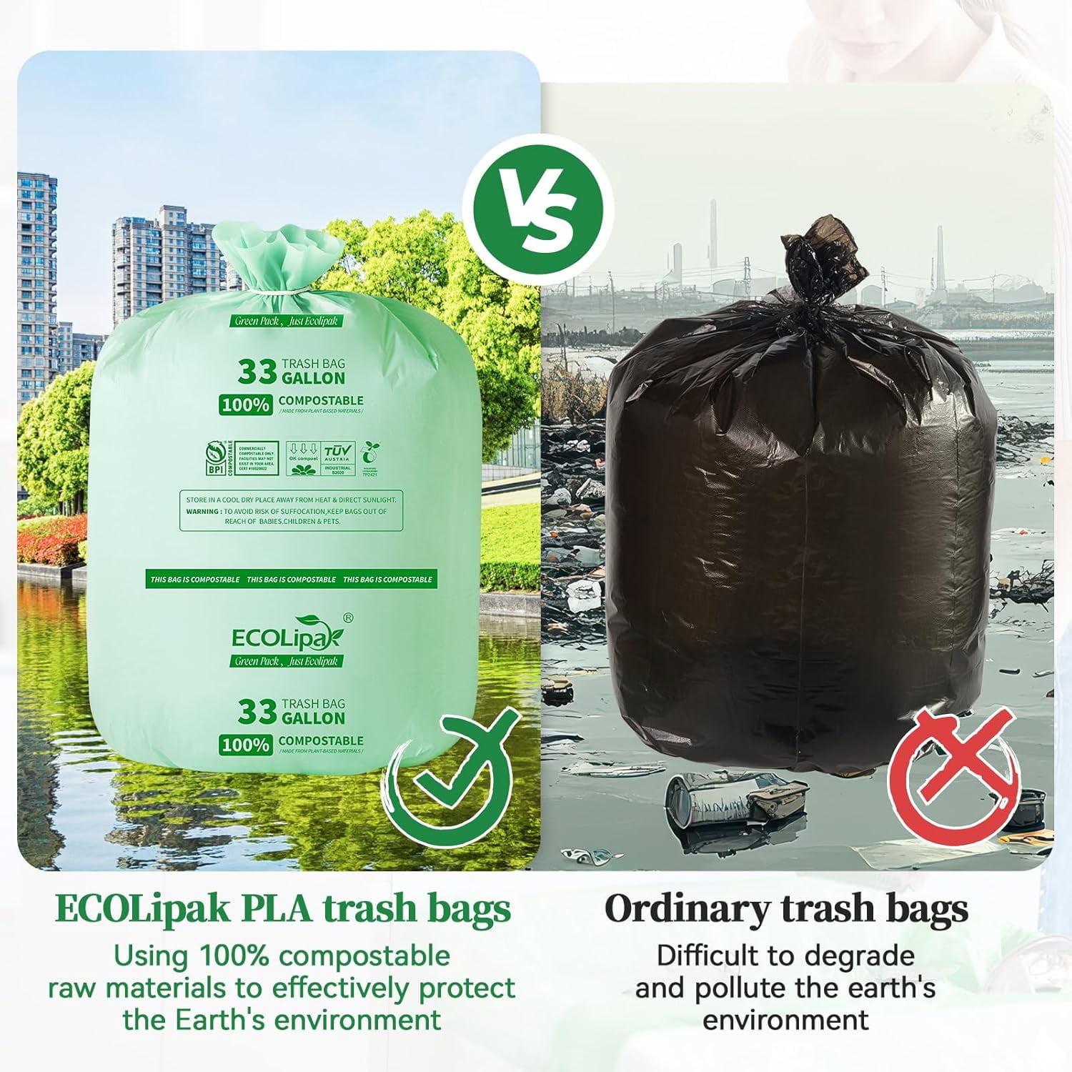 33 Gallon Compostable Trash Garbage Bags, 25 Count (1 Roll) Biodegradable Heavy Duty Large Outdoor Trash Bags for Lawn/Yard, US BPI AS D6400 and OK Compost Home Certified