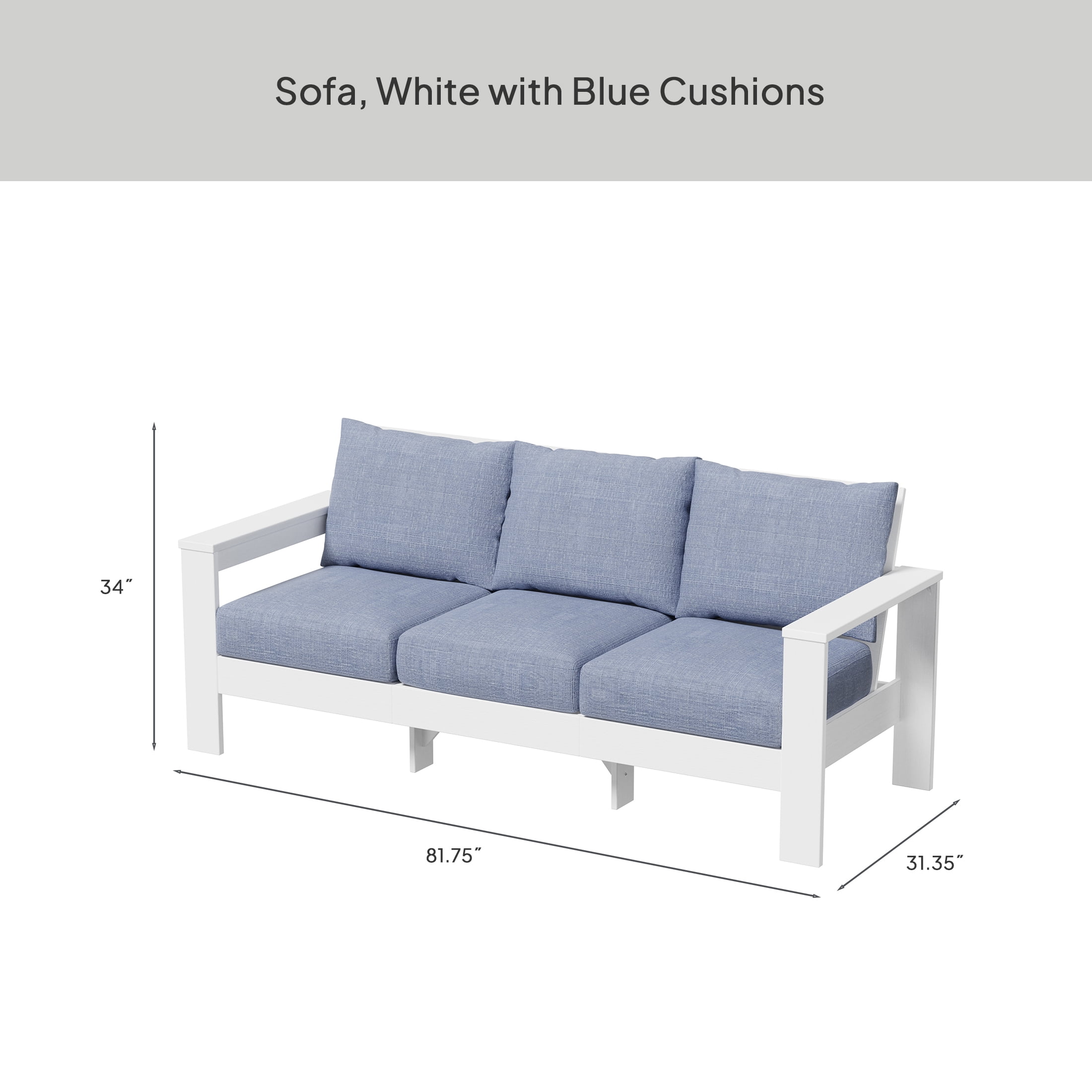 Better Homes & Gardens Ezra Outdoor HDPE Sofa, White with Blue Cushions