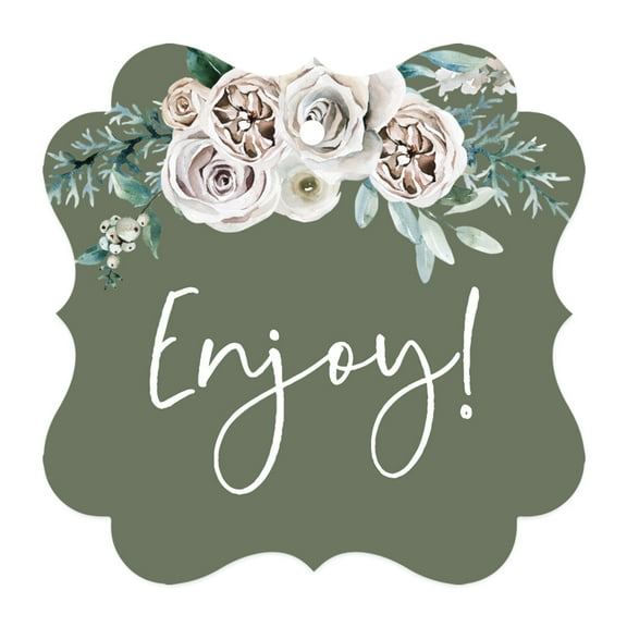 Koyal Wholesale Sage Green | Cream Floral Blossoms Fall Wedding, Fancy Frame Gift Tags, Enjoy!, 24-Pack