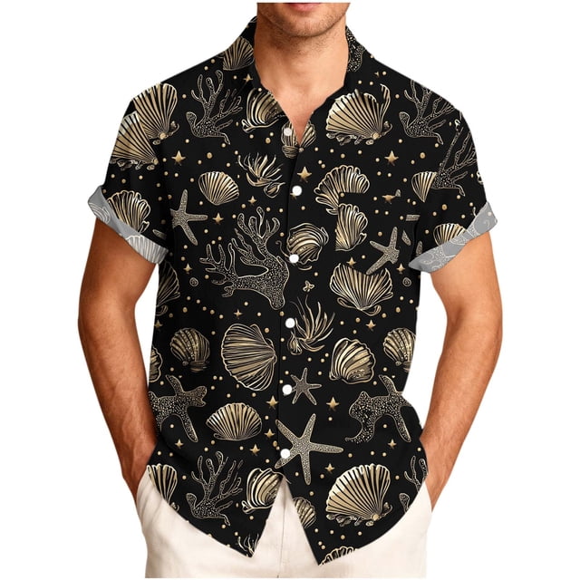 Mens Casual Manga Corta Botón Abajo Camisas con Cuello de Vuelta Y Diseño de Impresión, Blusa de Moda de Verano para el Exterior Y el Uso Diario