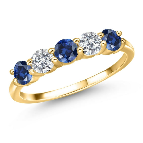 Gem Stone King 18K Yellow Gold Plated Silver Blue Created Sapphire and E - F Lab Grown Diamond Wedding-Bands Ring for Women | 1.29 Cttw | Round 4MM | Gemstone September Birthstone | Size 5