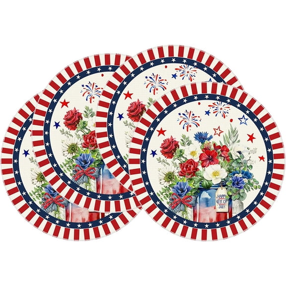 FastXmas 4 Pieces America 250th Anniversary Placemats Decoration, 14 Inch Linen Table Mats, Classic Red White Blue Patriotic Placemats for Independence Day, 4th of July Table Memorial Day Decor