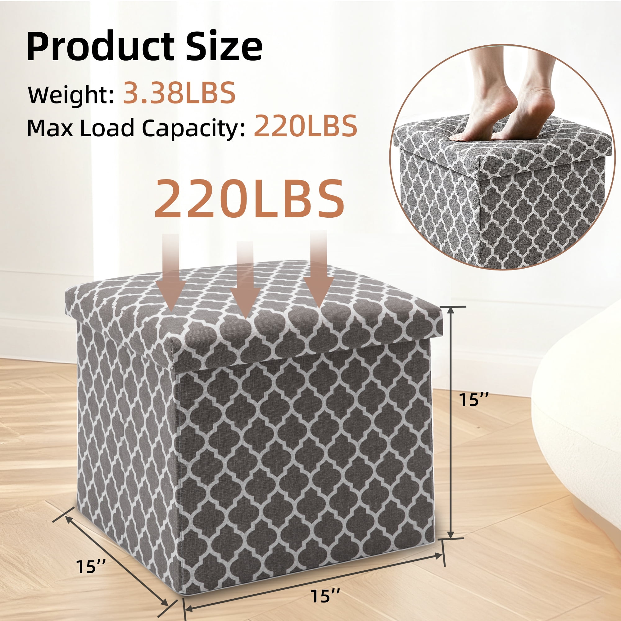 YEEZEE Storage Ottoman,Foldable Footstool with Thick Cushion for Living Room,14.9L*14.9W*13.8H,Grey
