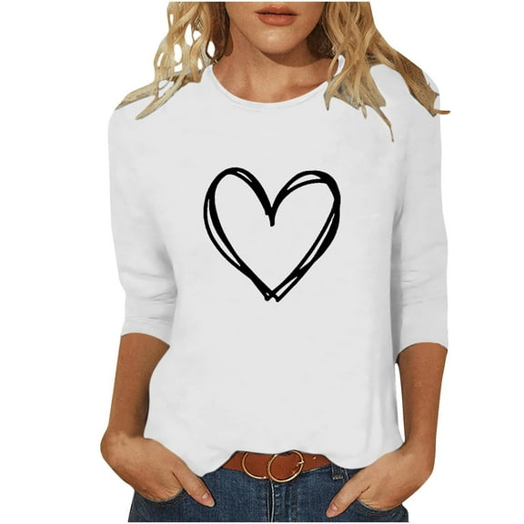 UAMVSH Women Heart Printed Shirts Plus Size Long Sleeve Pullover Tops Cute Graphic Trendy Blouses Ladies Valentine's Day Outfits(X-Large,White 2)