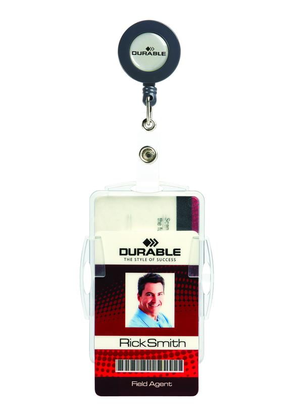 DURABLE Open Face Style ID Badge Holders for Two Badges with Retractable Reel, Horizontal Or Vertical Orientation, 2-3/4" x 3-5/8", Clear, Pack of 10 (821919)