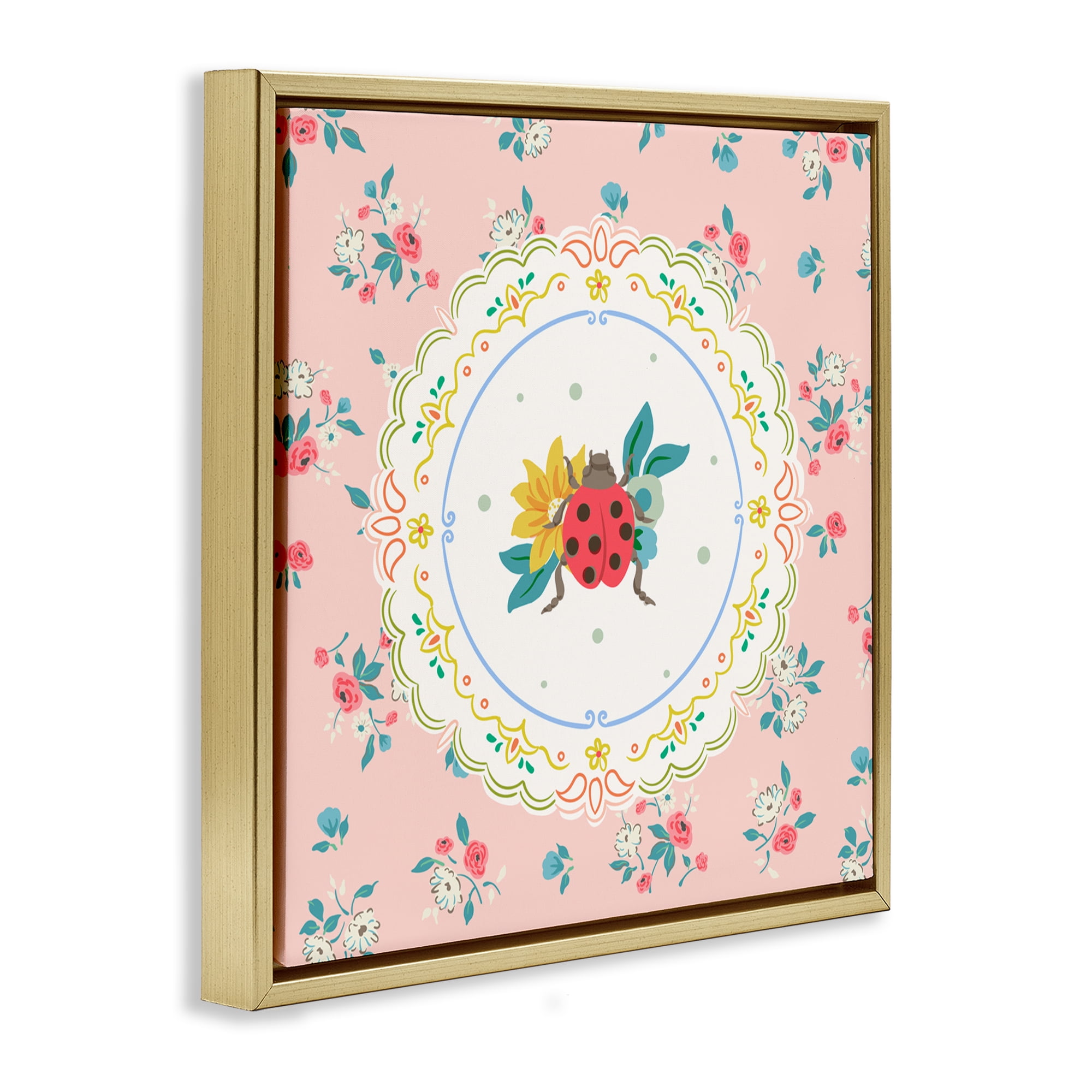 Spring Lady Bug Lace Pattern Gold Framed Floater Canvas Wall Art, design by Angela Steahling