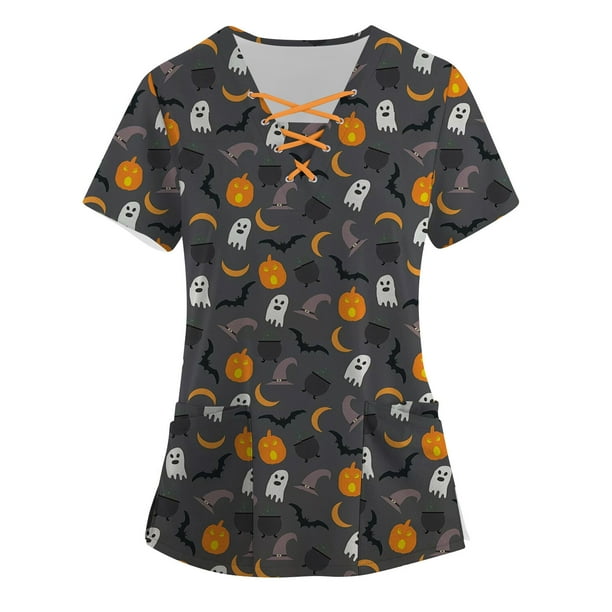Tops Para Mujer Elegantes Blusas Casuales Camisas de Moda de Manga Corta Con Cuello en V Uniforme de Trabajo Estampado de Festivales Con Bolsillo Odeerbi ODB170924