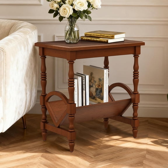 BFJDM Vintage Wood End Table with Magazine Rack, Rubberwood Legs, Birch Wood Veneer Finish for Living Room Bedroom Home Office (Cherry)