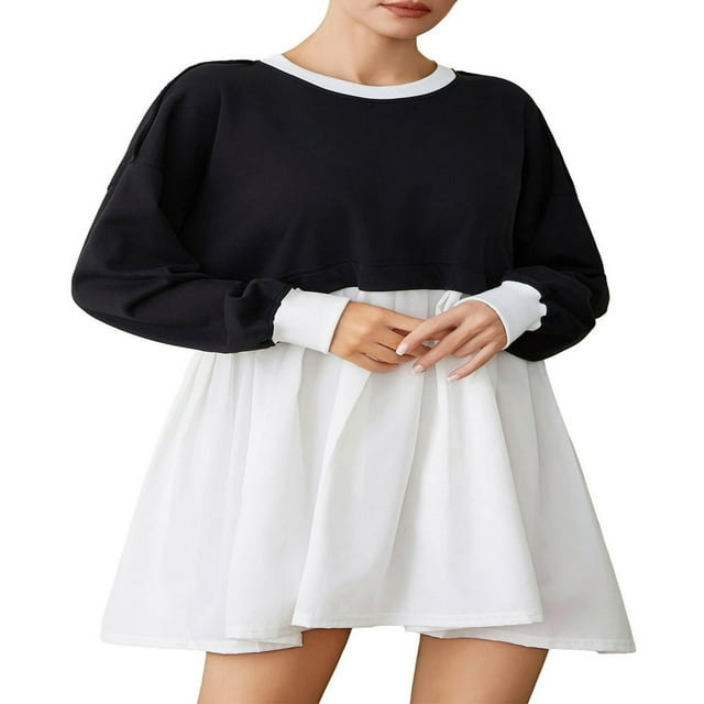 PENGXIANG Robe Ligne A avec Col et Couleur Contrastée pour Femmes Style Décontracté de Printemps