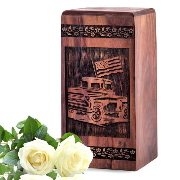 KARYLIZ Car Wooden Urns For Human Ashes Adult Female - Large Urns For Burial - Cremation Urn For Ashes - Funeral Urns For Cremation Ashes Mother - Adult Urns For Human Ashes - 14 Inch Urn With Car