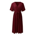 thumbnail image 4 of PEASKJP Women Dresses Summer Dress Short Sleeve Pleated Belted Wrap Dress Midi Beach Dresses L, 4 of 5