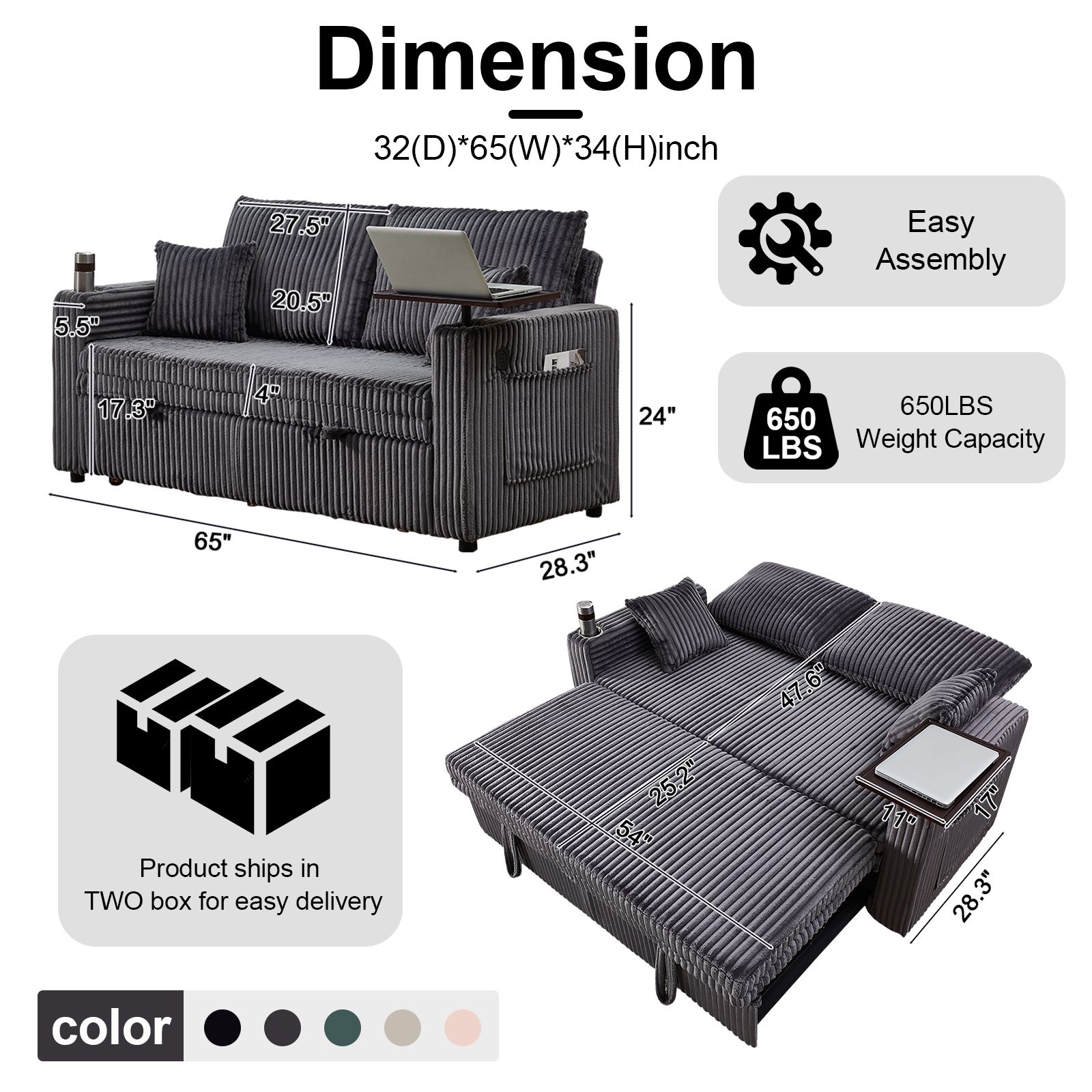 Dreamzie 3 in 1 Convertible Sofa Bed, 65” Sleeper Sofa with Pull Out Couch Bed, Corduroy Loveseat with 360° Swivel Side Table | USB Port | Adjustable Backrest for Living Room, Apartment (Deep Grey)