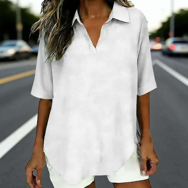 TaTaai Blouse à Manches Courtes en Lin pour Femmes, Haut Texturé avec Col, Blouse Froissée pour Cadeau de Saison Printemps Été