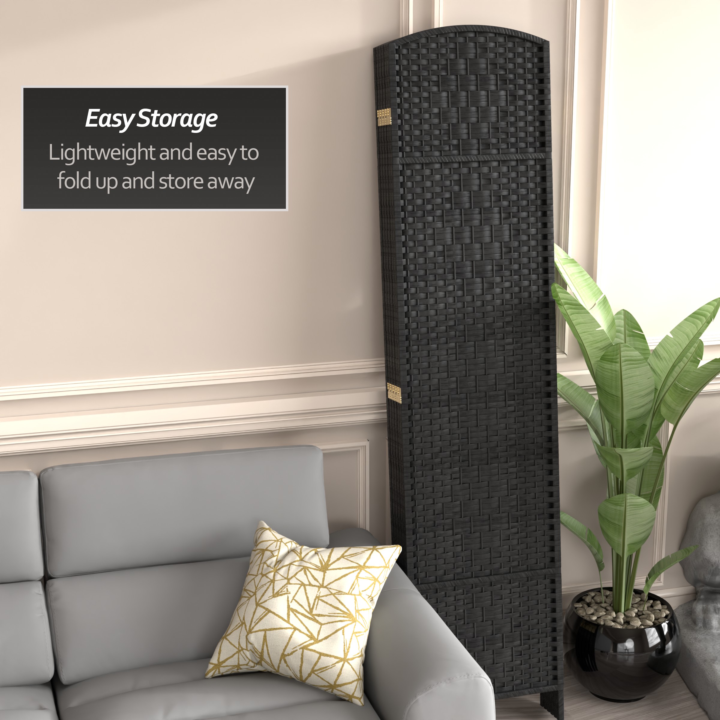 7 ft. Tall Rattan Fiber Diamond Weave Privacy Screen Room Divider - Black - 6 Panels