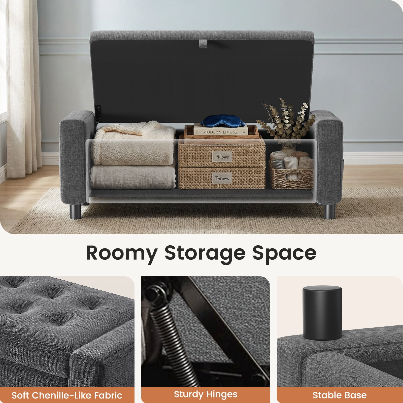 46" Storage Ottoman Bench with Hidden Compartment & Side Pocket,400 lbs Capacity,Safety Hinge,Multi-Functional End of Bed/Entryway Storage,Gray