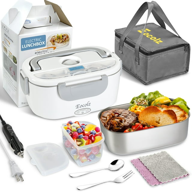 Electric Lunch Box 60W Food Heater Warmer, Eocolz 2 in 1 Portable Lunch Box for Car Truck Home Work Leak Proof with 1.5L Removable 304 Stainless Steel Container & Spoon 2 Compartments 110V 12V 24V