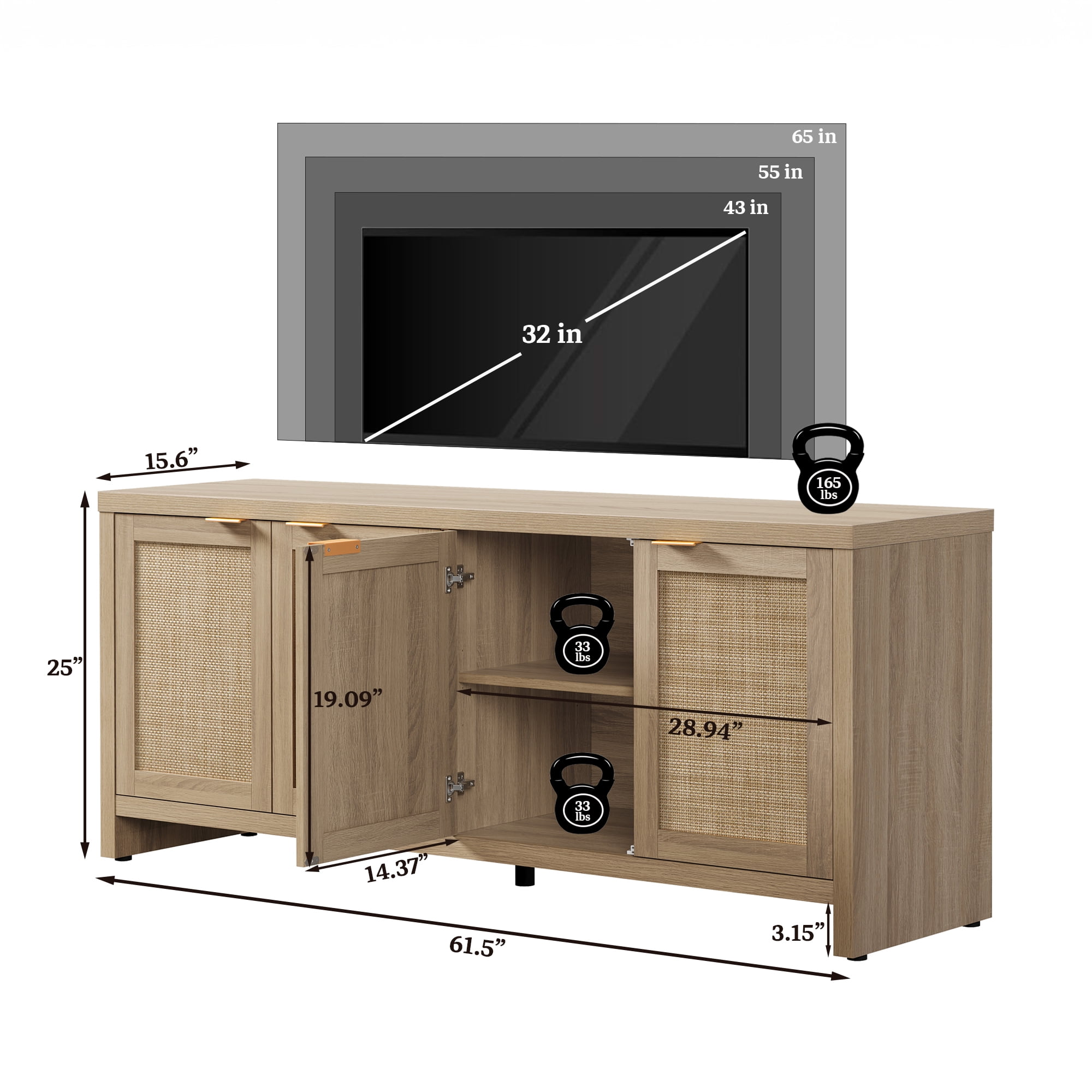 SICOTAS 61.5"W Rattan TV Stand with 4 Doors– Large Boho TV Cabinet Media Console with Adjustable Shelves & 4 Rattan Doors for 45/50/55/60/65 Inch Television , Reclaimed Light Oak