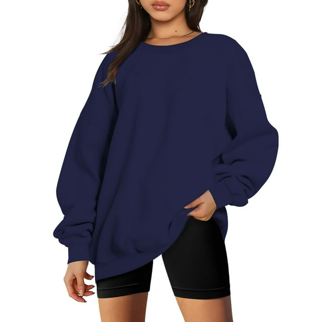 lcziwo Chandail en Molleton à Col Rond pour Femmes Chandail à Manches Longues Surdimensionné Chandail Décontracté Couleur Unie Automne 2024 Chandail Confortable Y2k Marine,TG