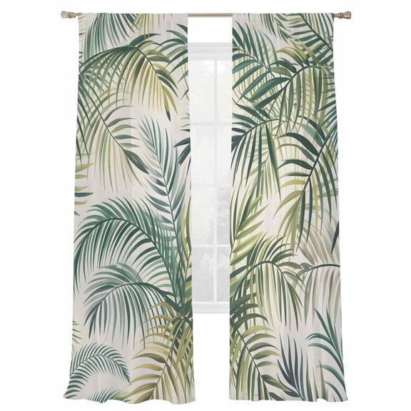 Tropical Plant Sheer Curtains 84 Inch Long 2 Panels, Green Leaf Palm Leaf Nature Light Filtering Rod Pocket Semi Sheer Curtains, Sheer Voile Drapes for Living Room Bedroom, 52"x84"