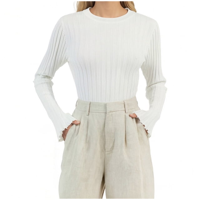 HAiming Womens Slim Fitted Sweater Long Sleeve Crew Neck Solid Color Blouse Fall Winter Basic Knit Tops
