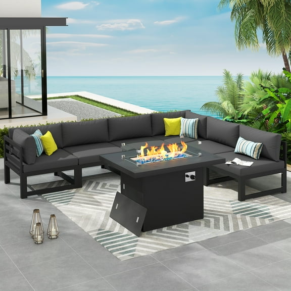 RADIATA 7 Pieces Aluminum Outdoor Patio Sectional Furniture Sofa Set with Fire Pit Table Large Size Luxury Comfortable Durable Water/UV-Resistant Garden Porch Backyard Party