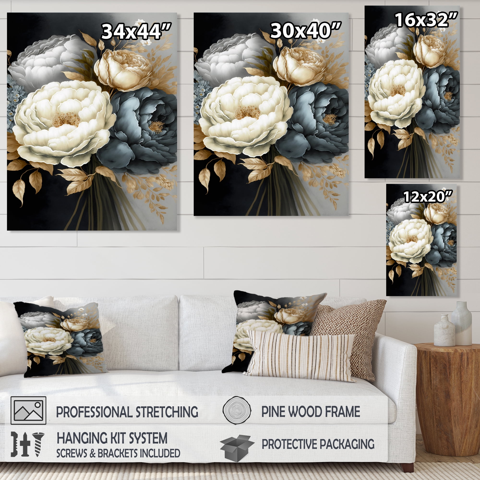 Designart White, Blue And Grey Peony Bouquet III Canvas Wall Art