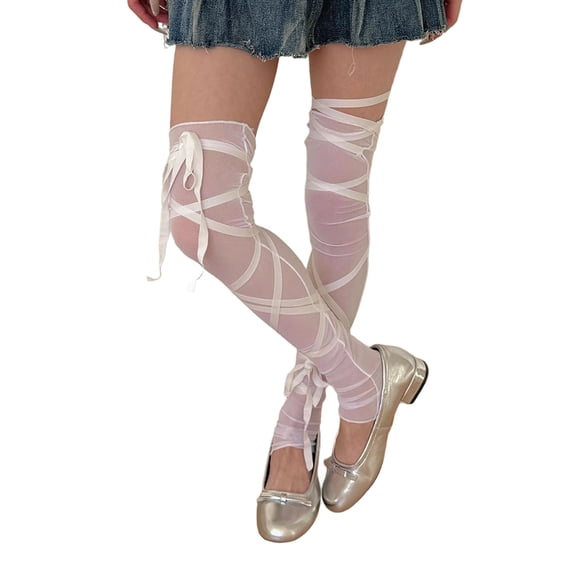 Women's See Through Mesh Thigh High Leg Warmers with Ribbon Straps Lightweight Leg Covers Footless Sheer Over Knee Socks