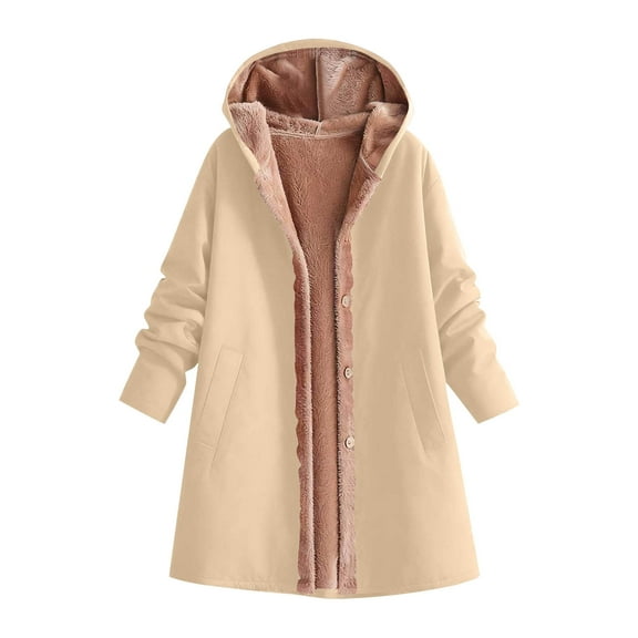 Women’s Full Length Zip Up Hooded Jacket Sherpa Lined Fleece Flannel Long Sleeve Warm Winter Coat with Pockets Casual Outerwear,Khaki,XL
