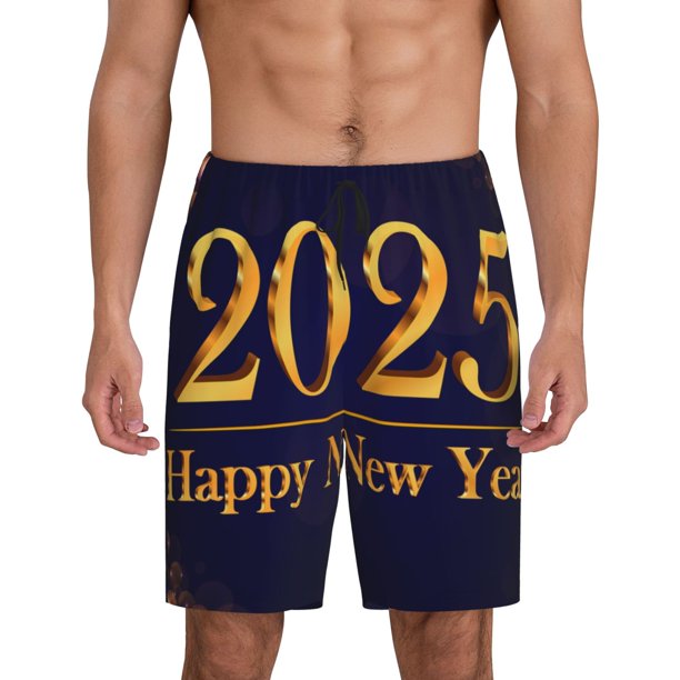 Balery 2025 Happy New Year 3 Pantalones cortos de pijama de punto de algodón para hombre con cinturilla y bolsillos-Medium