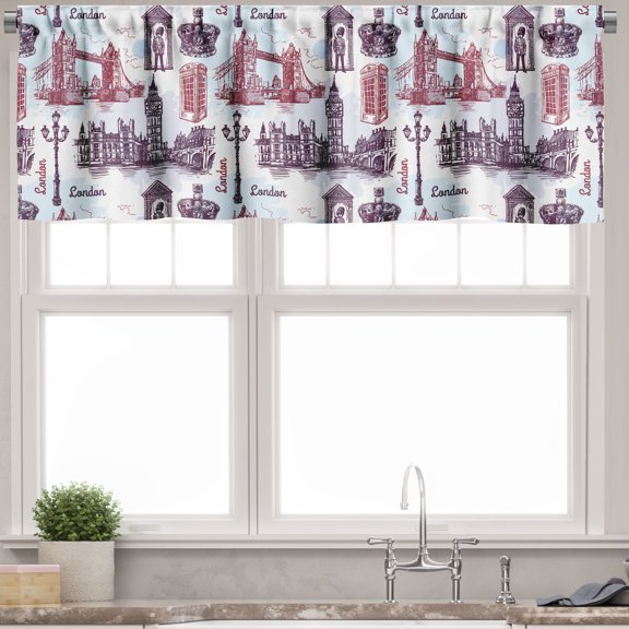 Ambesonne London Valance Pack of 2, City Landmarks Sketch, 54"X18", Pale Blue Eggplant