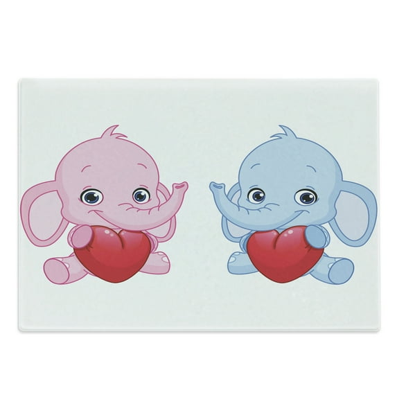 Animal Cartoon Cutting Board, Pink and Blue InfantHolding Hearts Smiling Twins, Decorative Tempered Glass Cutting and Serving Board, Large Size, Pale Pink Blue White, by Ambesonne