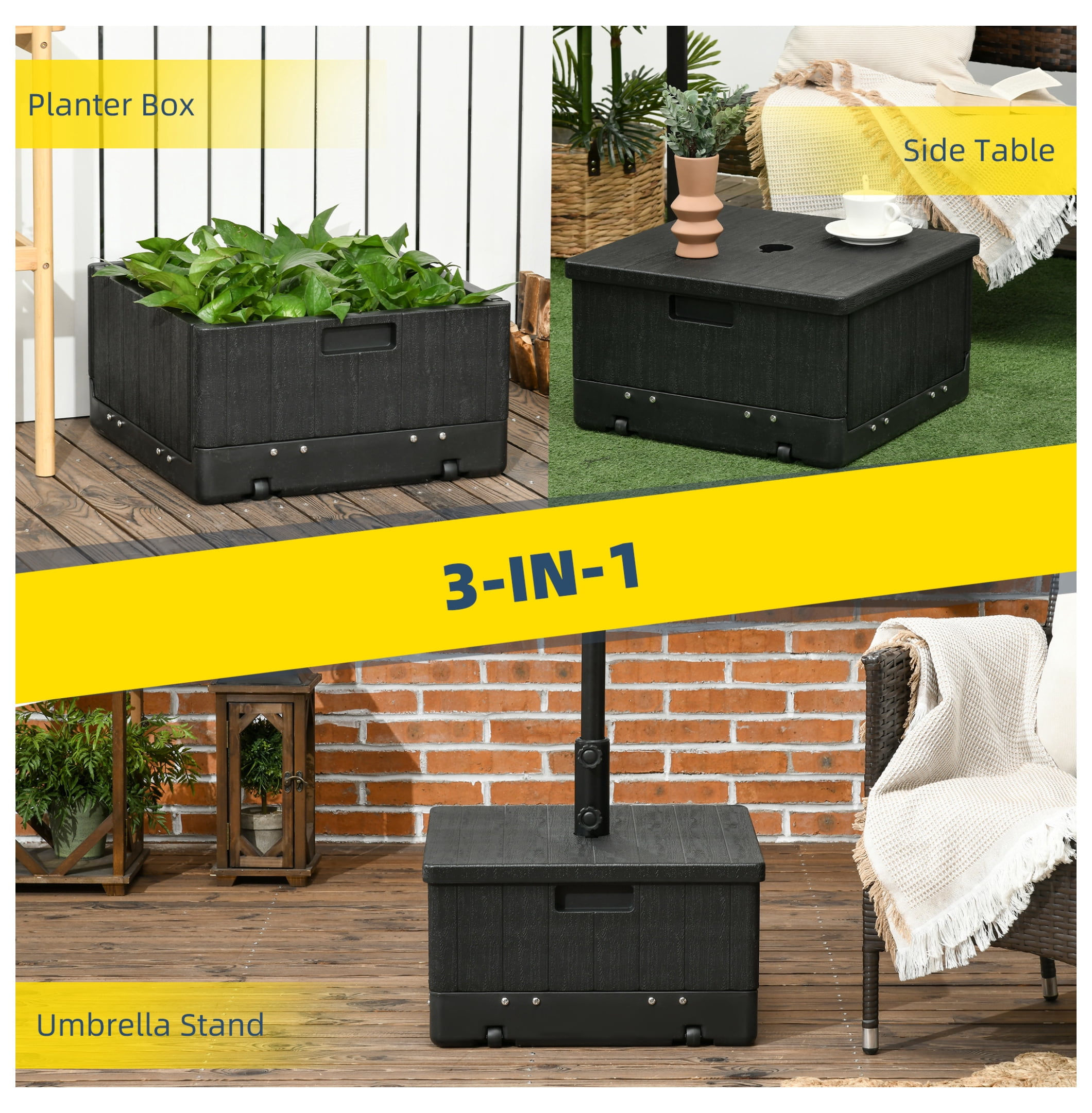 3-in-1 Outdoor Umbrella Base, Coffee End Table, Flower Box Planter, 175lbs Capacity Patio Umbrella Stand Table with Wheels and Handles, Black