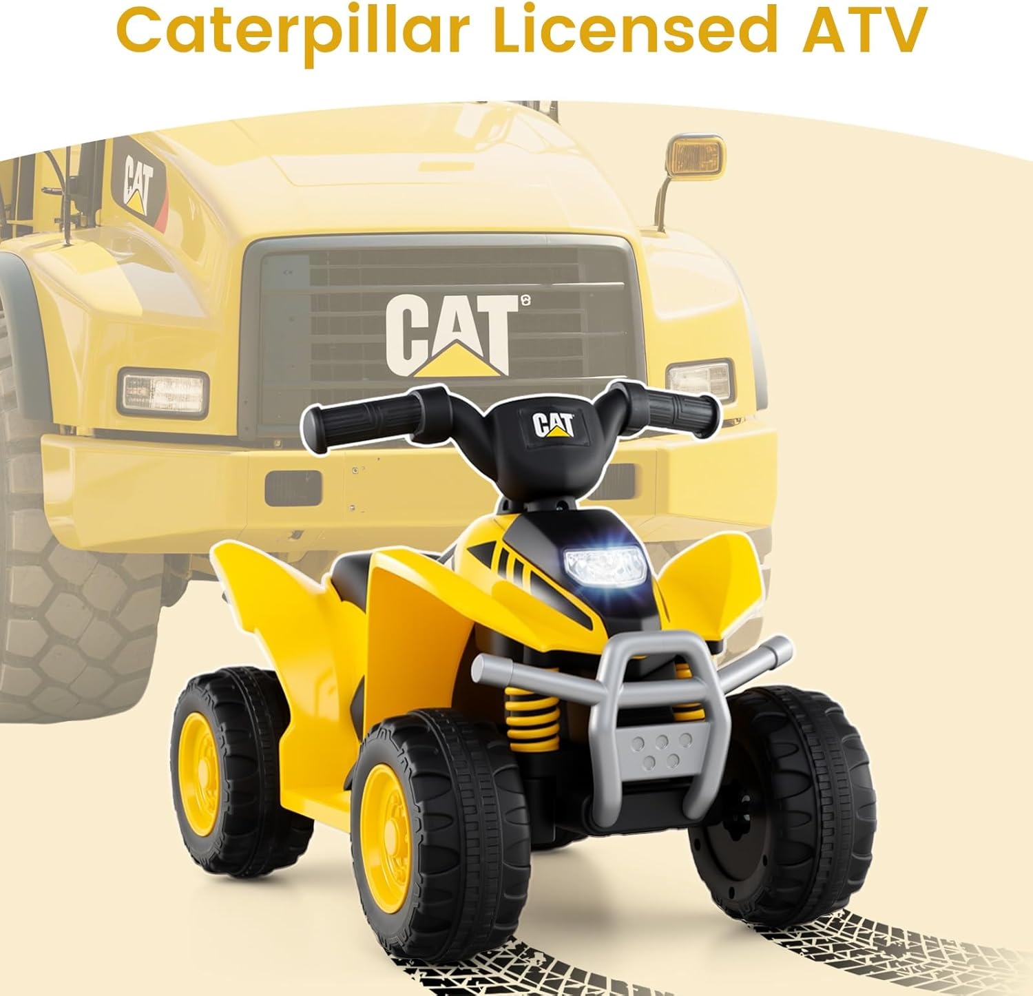 Licensed Caterpillar Kids ATV by OLAKIDS, 6V 4 Wheeler Battery Powered Motorized Quad with LED Headlight Horn, Toddlers Electric Vehicle Toy Car for Boys Girls Ages 1.5-3