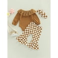 thumbnail image 5 of Baby Girls Clothes Sets 3pcs Ruffles Long Sleeve Solid Romper+Checkerboard Plaid Bell-Bottomed Pants, 5 of 9