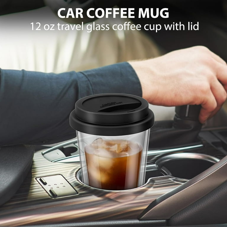 Double Walled Glass Coffee Mugs with Silicone Lids, 12 OZ, 2 Pack Insulated Reusable Travel Cups, Dishwasher and Microwave Safe